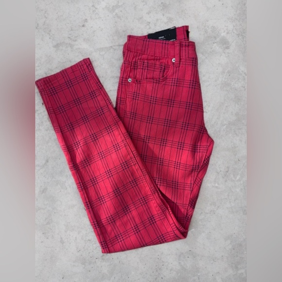 NWT Mens Skinny Slim Fit Comfy Denim Stretch Pants Pink/Black Plaid Size 30 - Picture 5 of 8